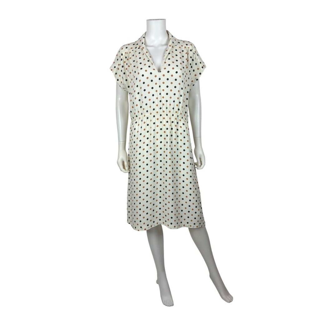 Vintage 70s Day Dress Womens Large Polka Dot Print Secretary Short Sleeve Sheath